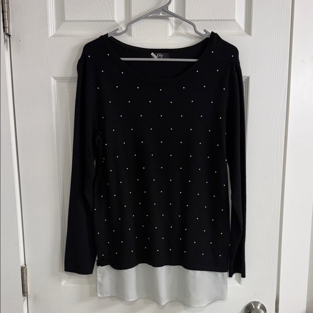 Only Black Long Sleeve Top with Rhinestone Dots and White Layered Hem